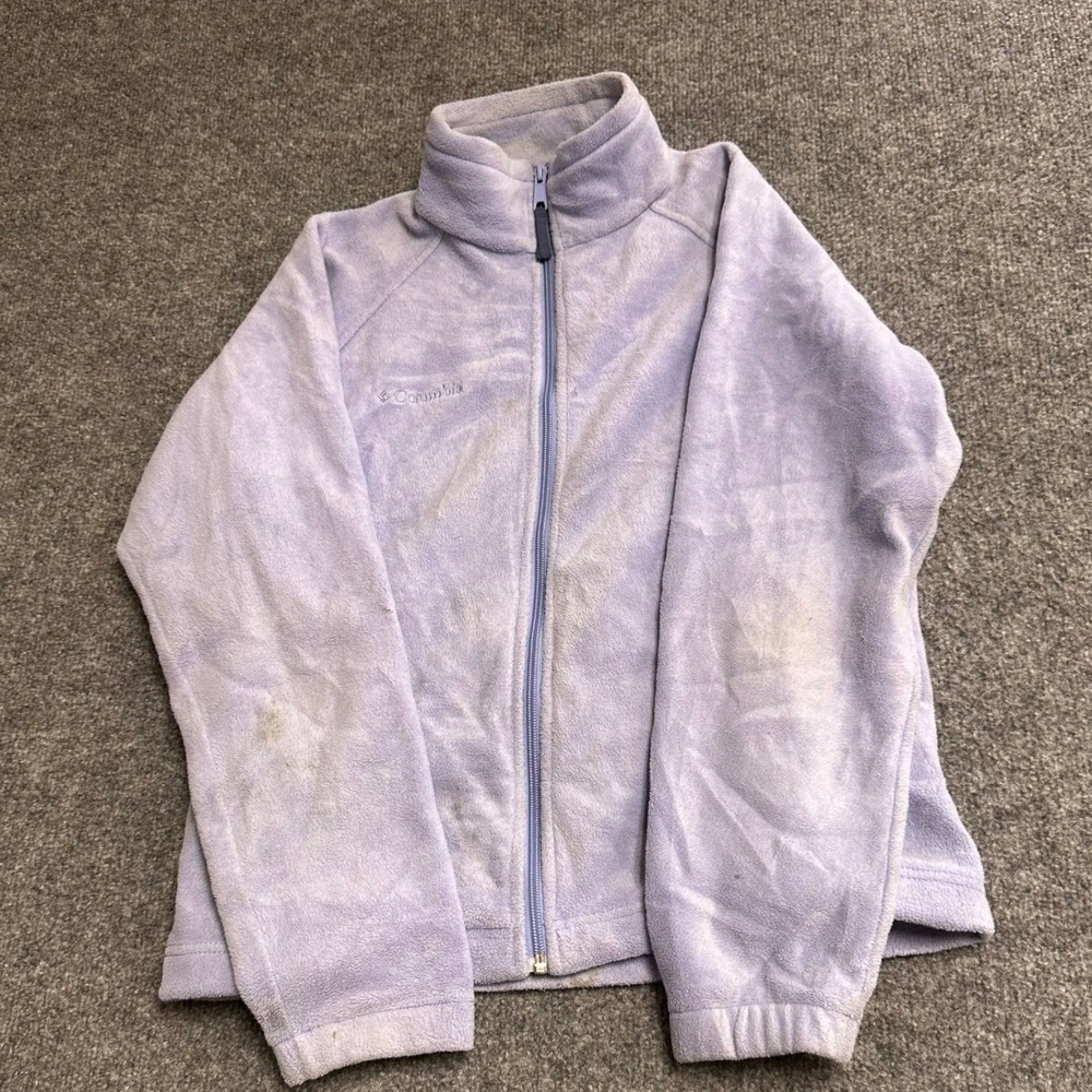 Columbia Fleece Jacket Womens L Purple Full Zip Mock Neck Outdoor Stained Hole